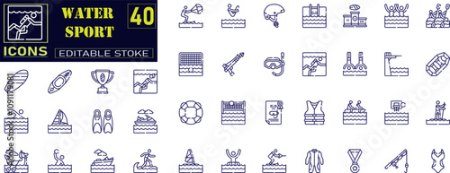 Set of Water Sport Related Vector Line Icons.