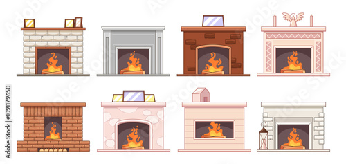 Isolated set of home fireplace variety with burning firewood for cozy lounge interior design