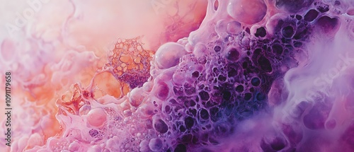 Capture the elegance of a side view nucleus in a surreal, dream-like watercolor painting Showcase the depth and beauty of this microscopic world with soft, flowing colors