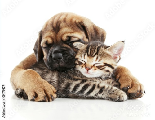 A little Bordeaux puppy dog plays with a little Bengal kitten.