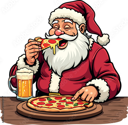 funny Santa-eating pizza with a beer mug on the table vector illustration on a white background