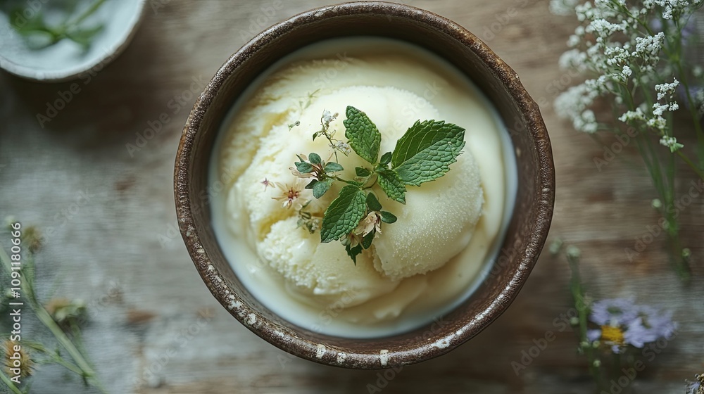 Creamy Vanilla Ice Cream with Mint and Flowers Creamy Vanilla Ice Cream with Mint and Flowers