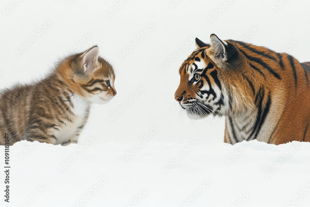 Obraz premium Mirrored kitten looks into a reflection of a tiger in a mirror on white background