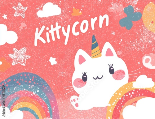 Set featuring a cute white cat unicorn with rainbow horn and tail along with sweet elements like flowers, ice cream, and cupcakes. photo