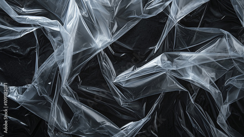 crumpled plastic wrap texture in top view, showcasing translucent layers and intricate folds against dark background. image highlights delicate and complex patterns formed by material photo