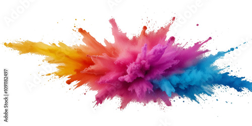 Multicolored rainbow explosion of cloud powder paint holi decoration isolated on transparent background. Vector abstract colorful rainbow holi paint festival background.