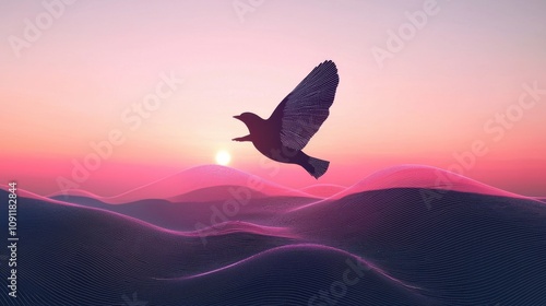 Wallpaper Mural A serene silhouette of a bird soaring against a colorful sunrise, reflecting tranquility in nature's beauty. Torontodigital.ca