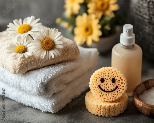 Spa essentials like a smiley face sponge, soothing lotion bottles, and soft towels, arranged to represent relaxation, selfcare, and pampering photo