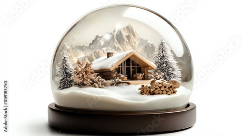 Wallpaper Mural Snow globe with cozy mountain lodge, snow falling, white isolated background, watercolor style Torontodigital.ca
