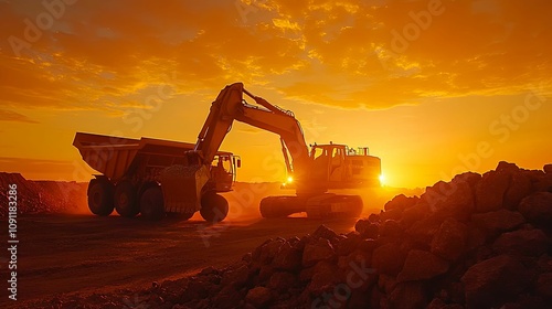 Excavator and dump truck working at sunset photo