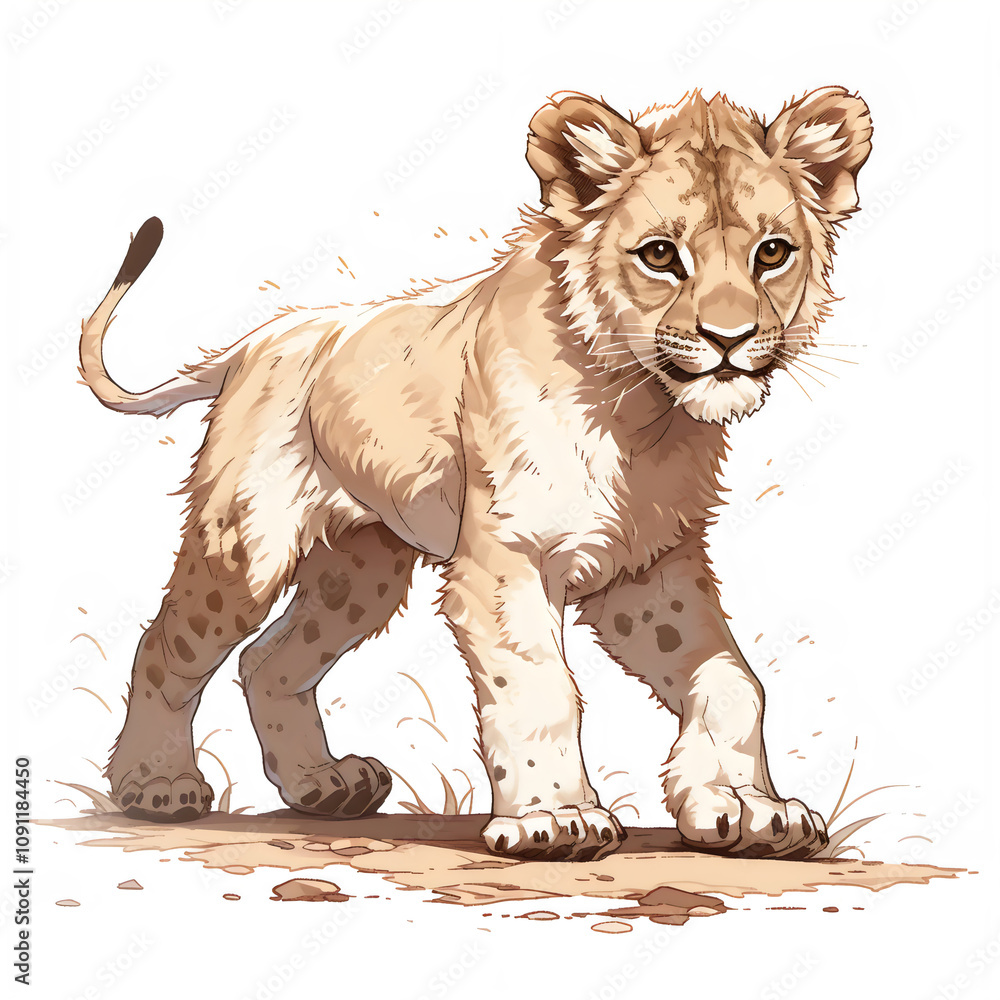 Obraz premium Illustration of a lion cub standing and walking on savannah, lion cub image isolated on a white background, lion cub design art, lion cub clip art image, lion cub Illustration, lion cub cartoon image