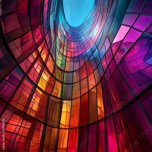 Design an architectural masterpiece inspired by Metabolism principles, viewed from a mesmerizing low-angle, enhanced with vibrant, psychedelic colors