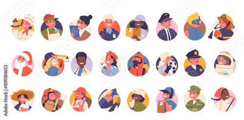 Children cartoon characters of different professions isolated round avatars set isolated on white