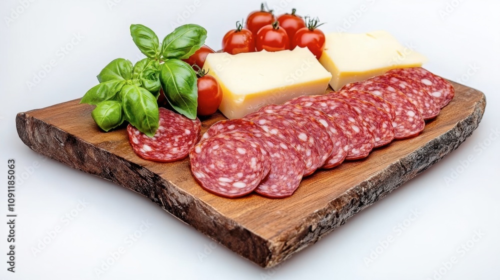 Freshly Sliced Salami and Cheese Arranged on a Rustic Wooden Board with Cherry Tomatoes and Basil for an Appealing Culinary Display Freshly Sliced Salami and Cheese Arranged on a Rustic Wooden Board with Cherry Tomatoes and Basil for an Appealing Culinary Display