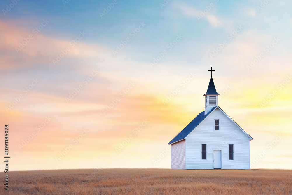 Fototapeta premium A small white church with a steeple and cross, set on an open field under a vibrant sunrise sky, symbolizing faith, peace, and spirituality.
