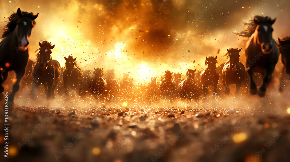 Fototapeta premium herd of wild horses gallops through dramatic landscape, creating powerful scene filled with energy and motion. fiery background enhances intensity of moment