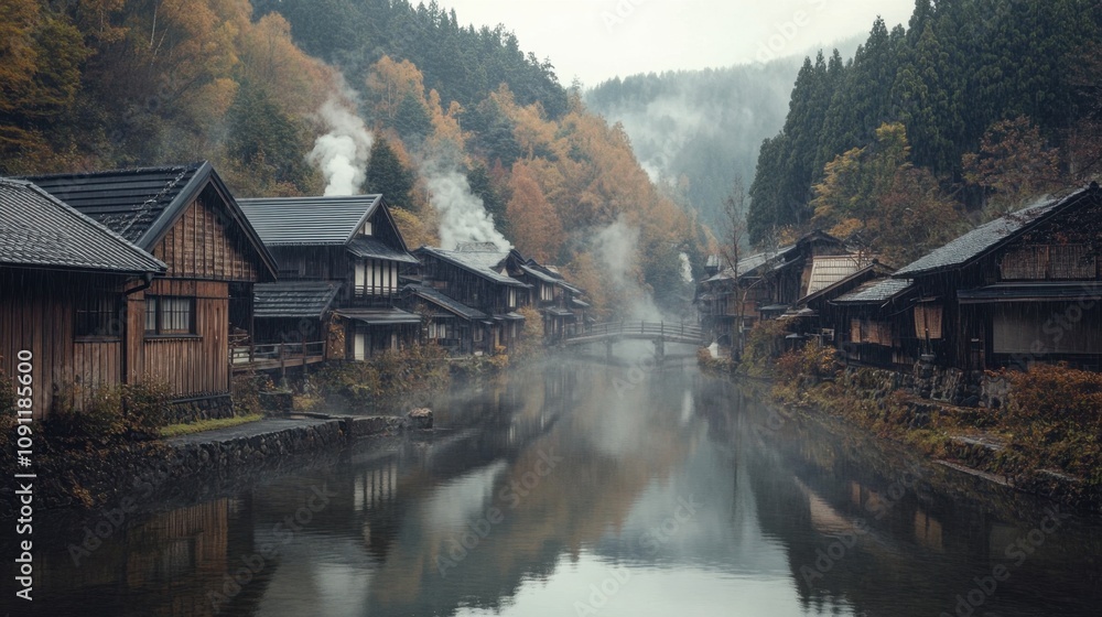 Fototapeta premium Serene Autumn Scene of Traditional Wooden Houses by Foggy River with Colorful Trees in Japan's Countryside, Capturing the Essence of Peaceful Rural Atmosphere