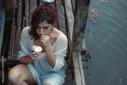 Thoughtful woman eating ice cream on a rustic pier overlooking calm waters on a peaceful day. photo