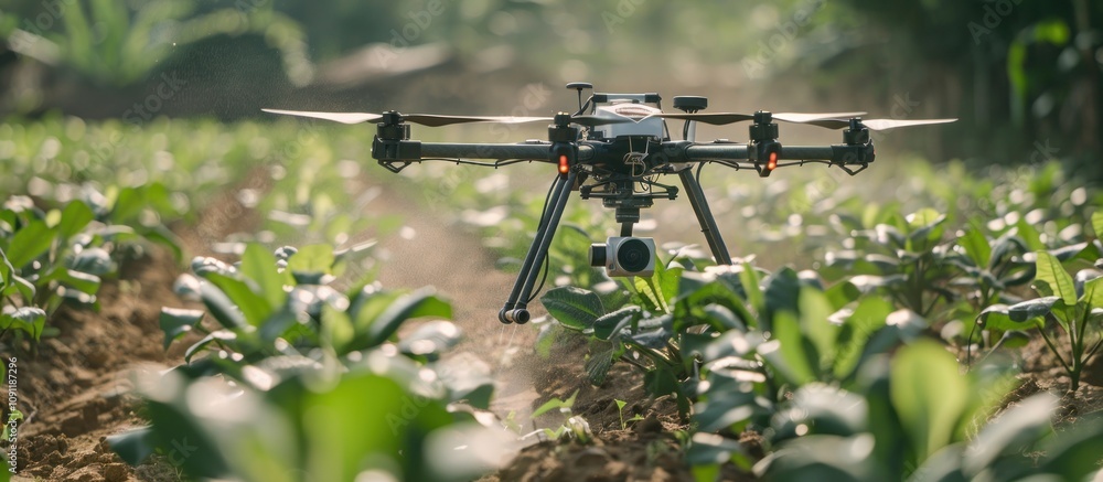 Drone Spraying Crops in a Lush Field Drone Spraying Crops in a Lush Field