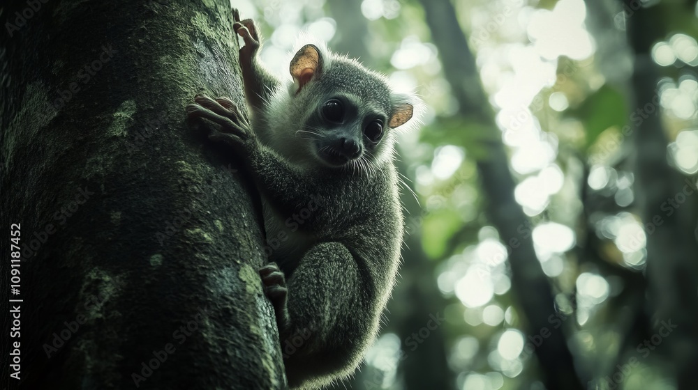 Obraz premium A Majestic Lemur Graciously Climbing a Majestic Tree in the Lush Green Forest