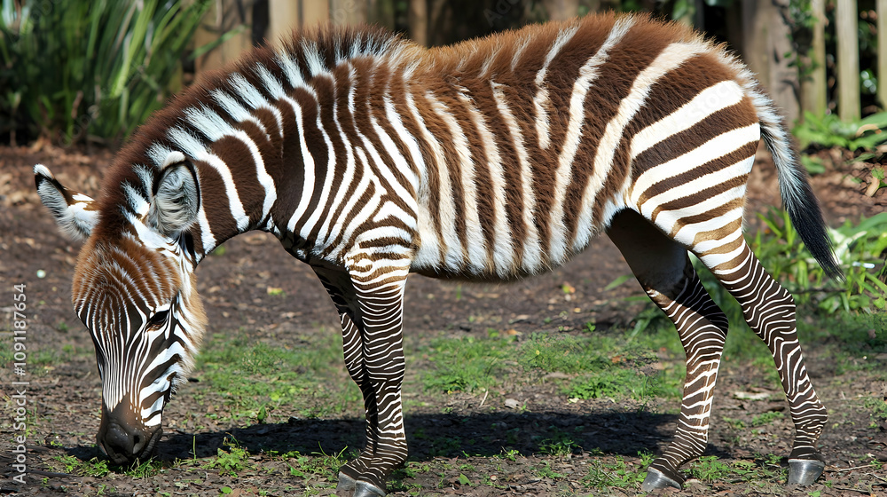 Obraz premium Playful Zebra Grazing on Grass in Natural Habitat Captured in Bright Sunshine, Showcasing Unique Striped Pattern and Curiosity of Wildlife in a Serene Environment