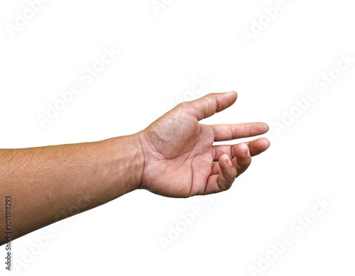 A man's hand extended forward, as if I was about to grab something. or about to help isolated on white background.