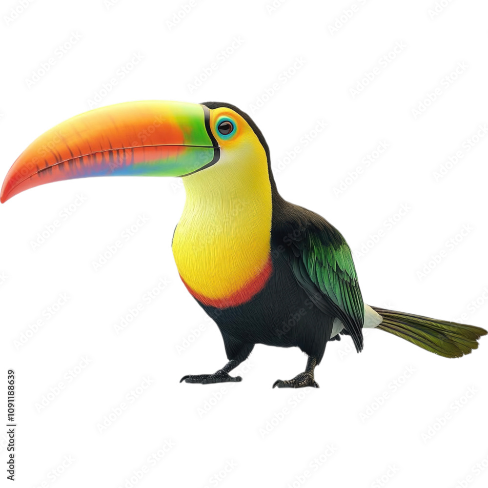 Fototapeta premium A vibrant toucan showcasing its colorful beak and feathers, standing against a minimalistic background.