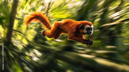 A Striking Red Monkey Leaps Through the Lush Green Forest photo