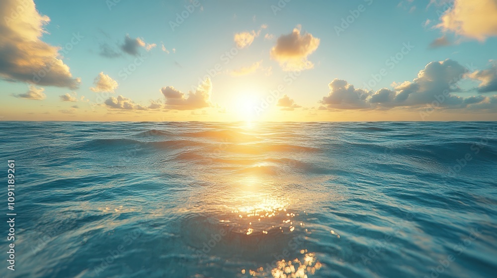Naklejka premium A breathtaking sunset over the vast ocean with a golden sky and clouds.