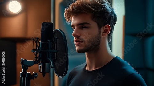 Young Male Artist Recording Music in Soundproof Studio with Professional Microphone : Generative AI photo