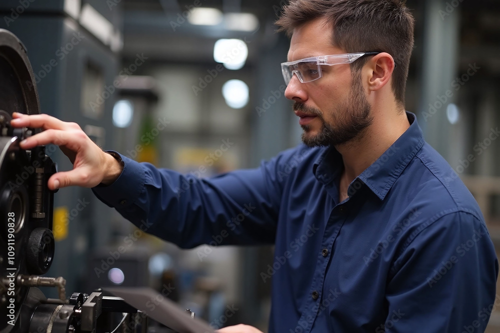 Fototapeta premium Male engineer working on machinery in workshop setting