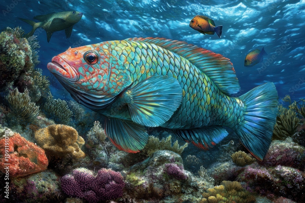 Fototapeta premium Cleaner Wrasse and Parrotfish Interaction 