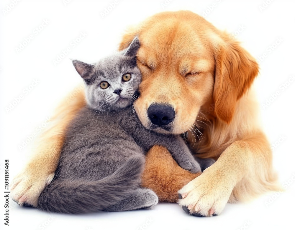 Fototapeta premium Dog with golden retriever puppy hugging british cat. Solitary scene on white background