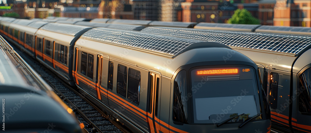 Fototapeta premium modern train with solar panels in futuristic city setting