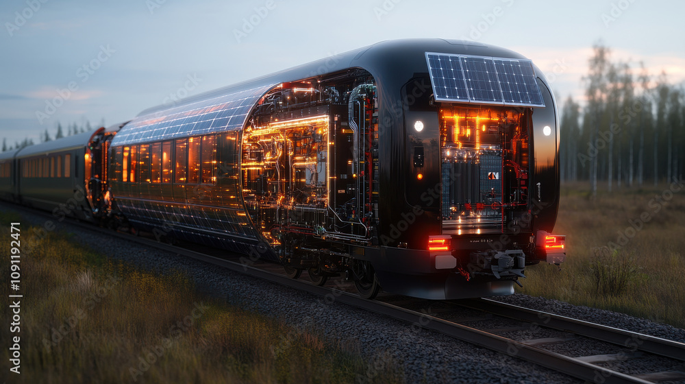 Fototapeta premium solar powered train with futuristic design, showcasing intricate technology and glowing elements