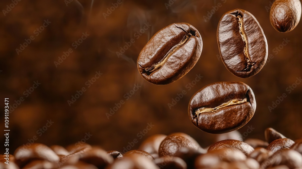 Fototapeta premium coffee beans grind packaging concept. Coffee beans in midair during the grinding process, coffee grind, action in focus