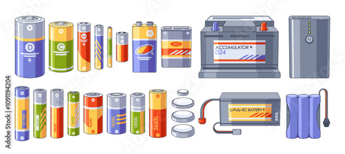 Variety types of alkaline batteries and accumulators electricity power sources isolated set on white