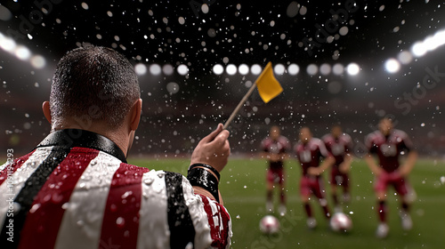 Referee signals a foul during a soccer match in the rain at a packed stadium