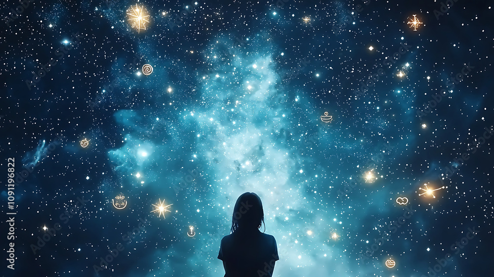 person stands under starry night sky, gazing at cosmos filled with stars and celestial symbols, evoking sense of wonder and exploration person stands under starry night sky, gazing at cosmos filled with stars and celestial symbols, evoking sense of wonder and exploration