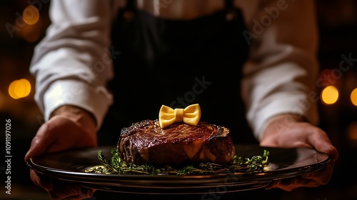 Sophisticated Restaurant Serving Succulent Steak with Artistic Bowtie Garnish : Generative AI