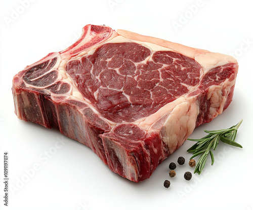 raw pork meat, Raw porterhouse steak with visible marbling photo