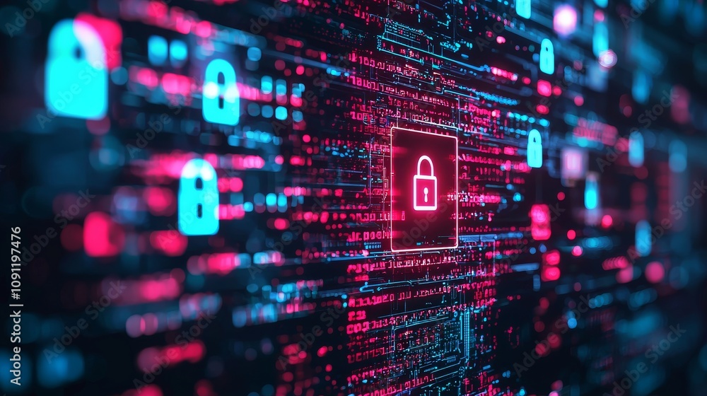 Obraz premium Cybersecurity measures digital landscape image data visualization high-tech environment close-up perspective data protection concept