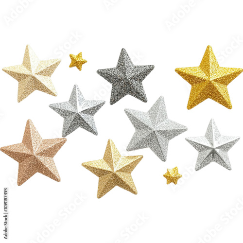 A collection of multi-colored, metallic stars in various sizes, arranged artfully on a white background, ideal for decoration and festive themes.