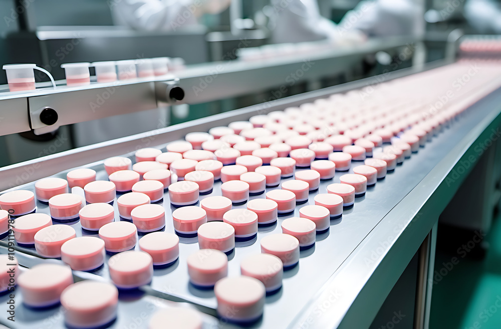 Fototapeta premium antibiotic tablet production line, pharmaceutical manufacturing 