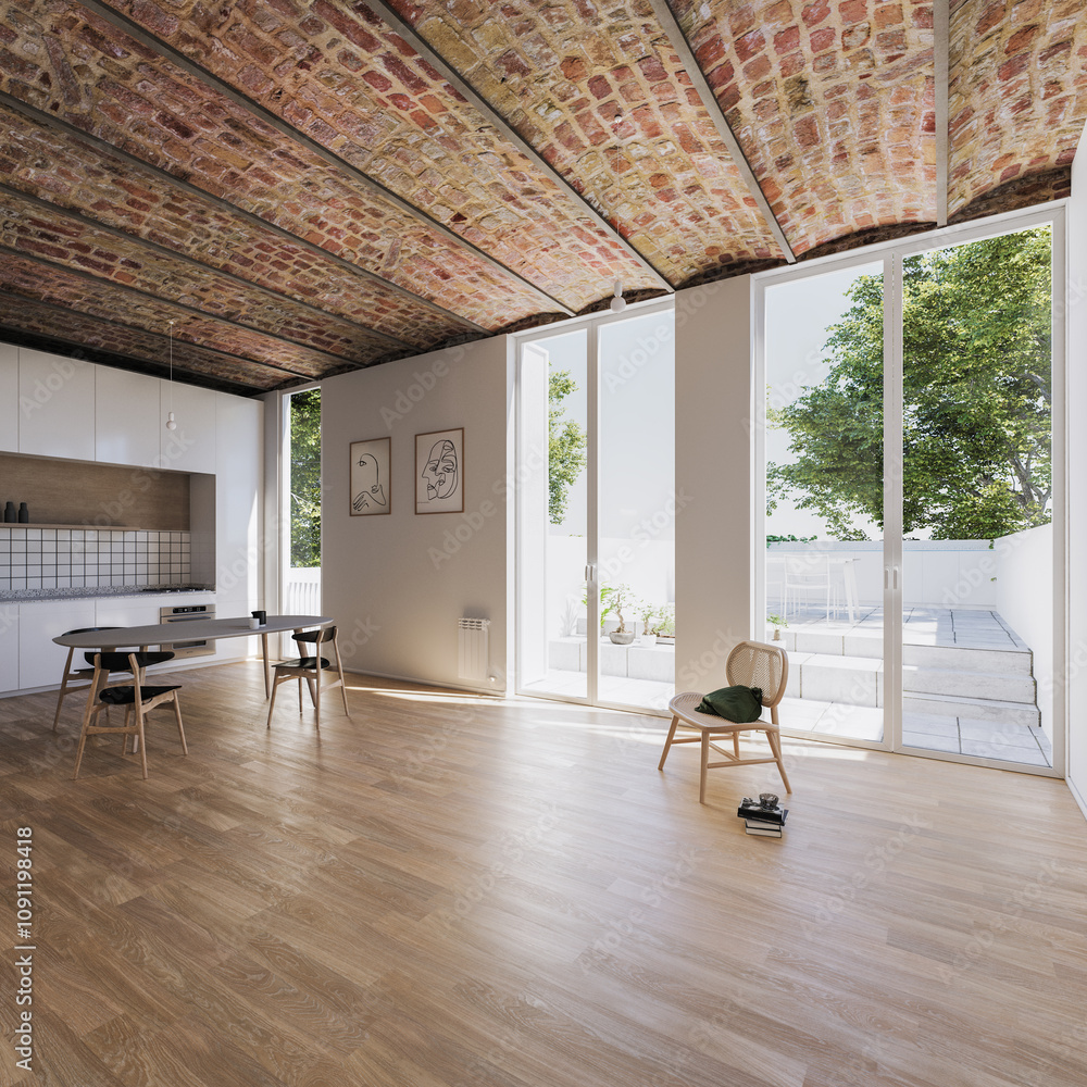 Fototapeta premium minimal interior with brick ceiling and wooden floor