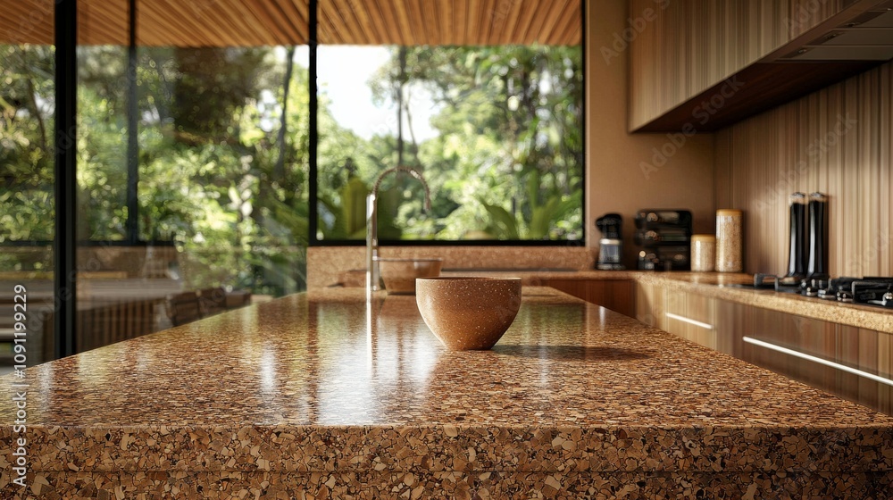 Fototapeta premium Modern kitchen design nature-inspired aesthetics interior space green surroundings minimalist view sustainable living concepts