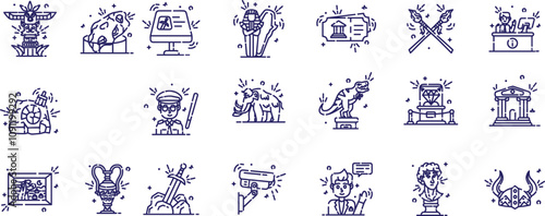 Museum icon set. Collection of sculpture, history, antique, gallery and more.