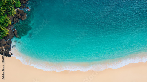 Secluded Paradise: Tranquil aerial view of a pristine beach with turquoise water lapping at the shore, framed by lush palm trees and rugged coastline. 