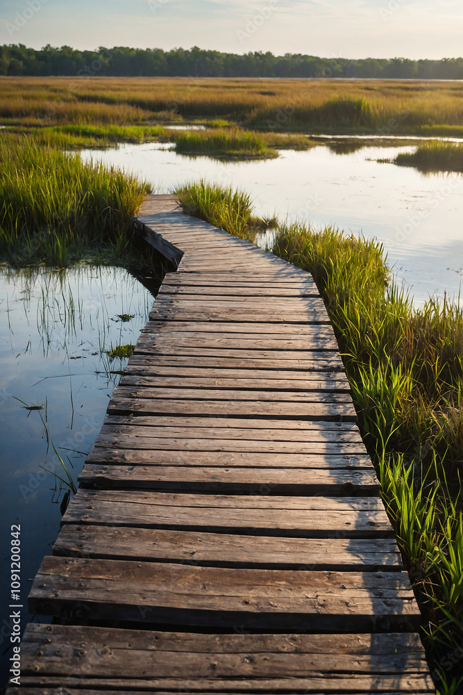 Obraz premium Wooden boardwalk stretching over a marshy wetland