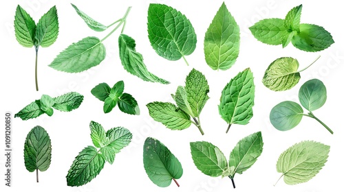 A collection of various green leaves showcasing different shapes and textures, ideal for botanical studies or design purposes.
